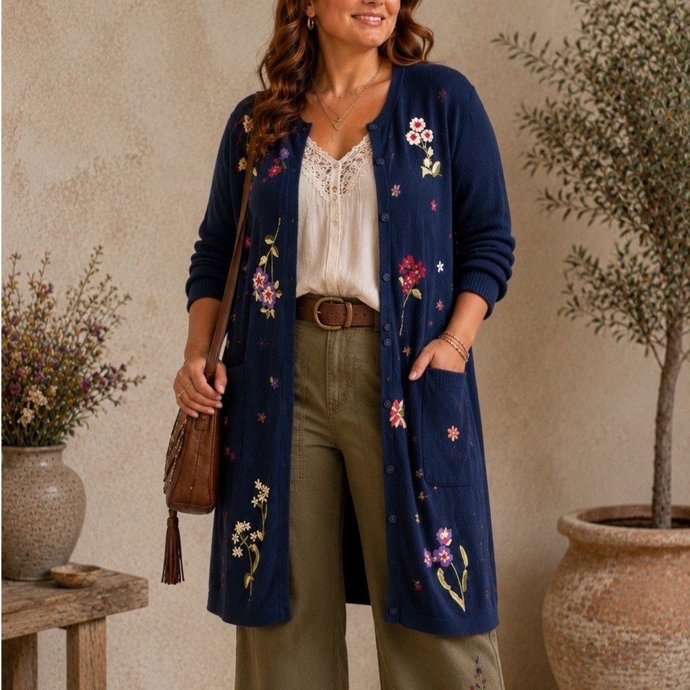 QUACKER FACTORY Vintage Navy Floral Embroidered Longline‎ Cardigan Sweater 1X